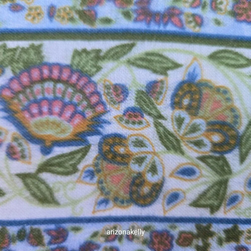 Square Wool Blue Scarf With Leaves and Flowers